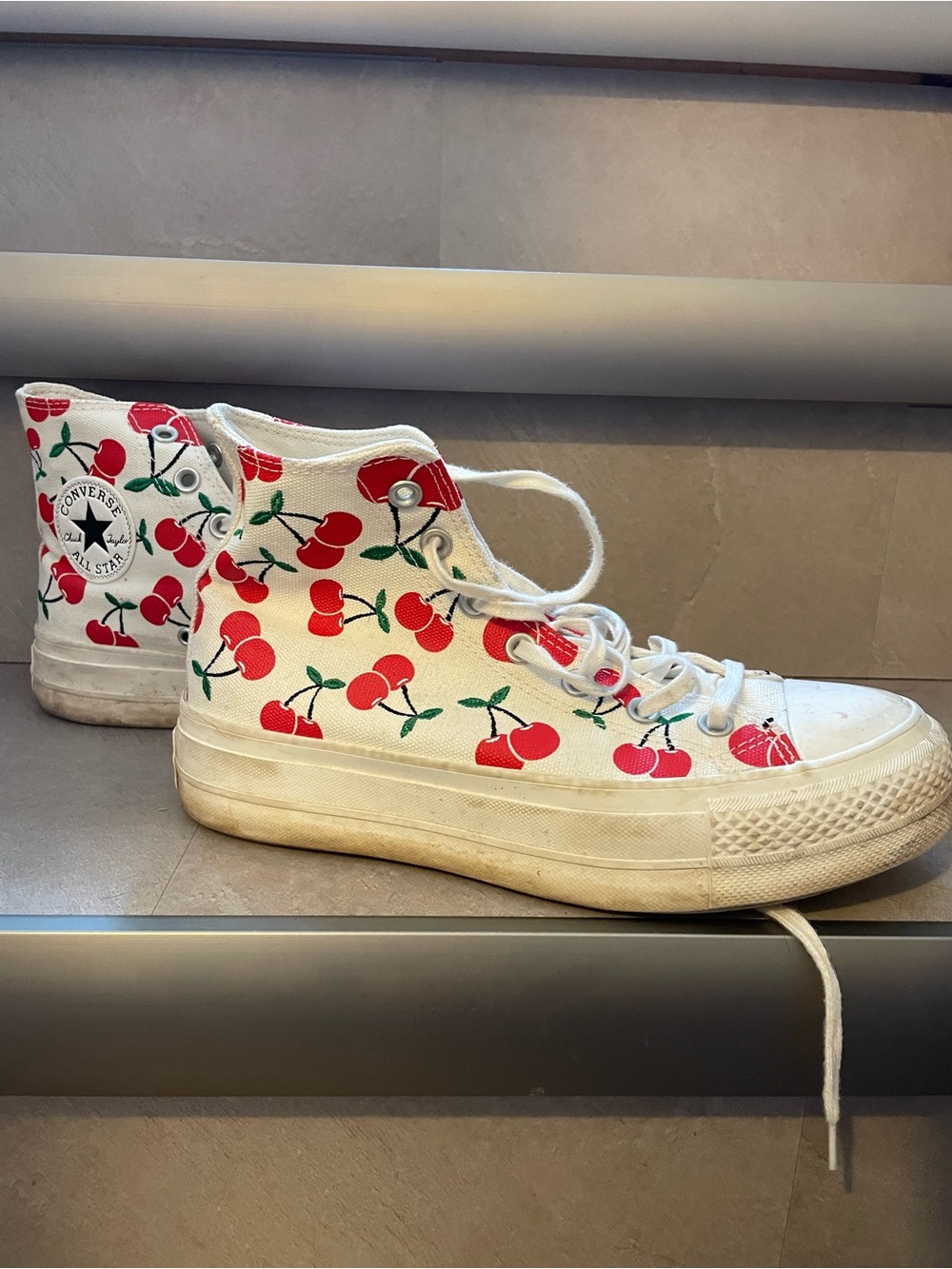 Converse White High Top Sneakers with Red Cherry Print